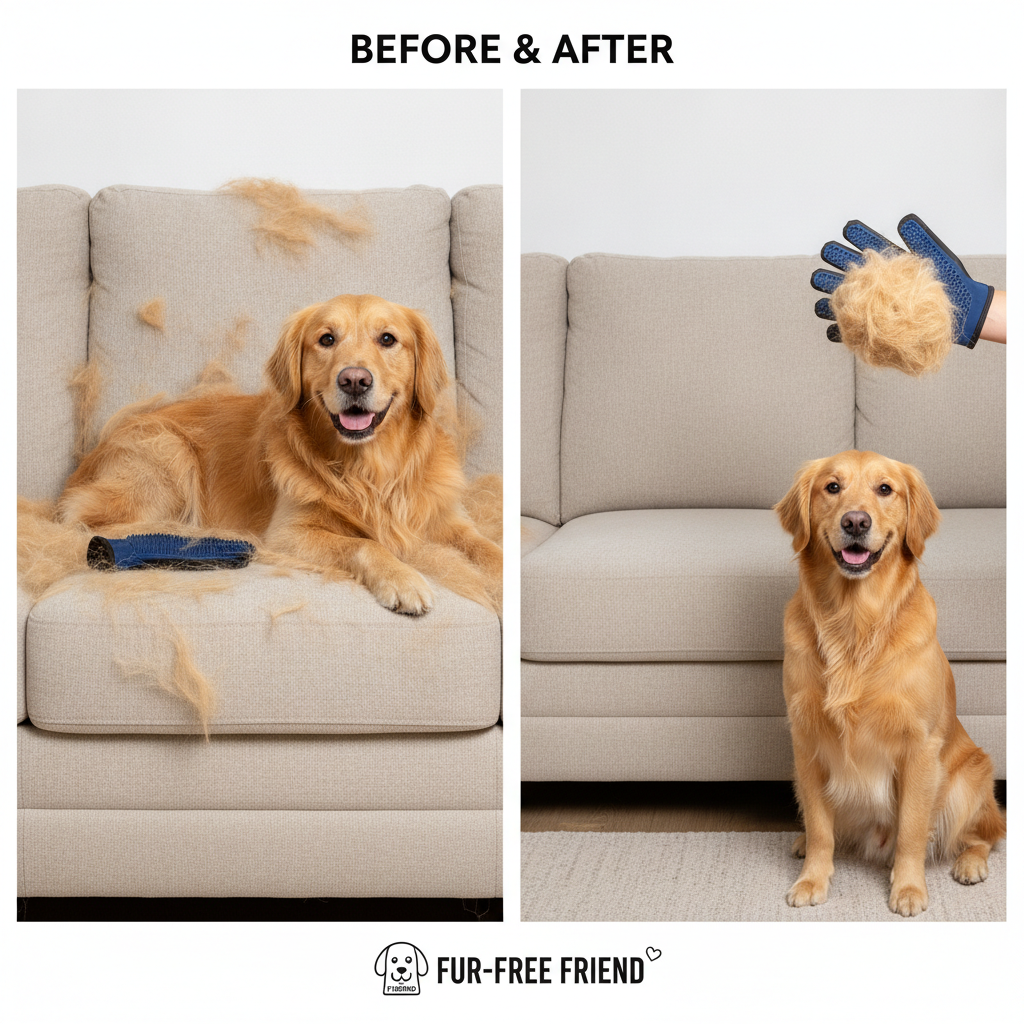 Before and after comparison showing reduced shedding with grooming glove