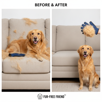 Before and after comparison showing reduced shedding with grooming glove