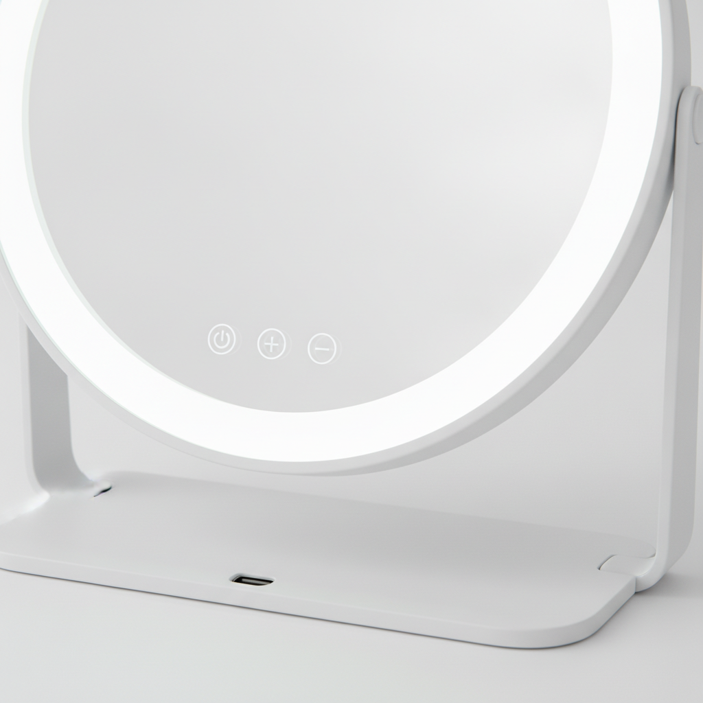 Close-up of touch-screen dimming controls and LED light strip on vanity mirror