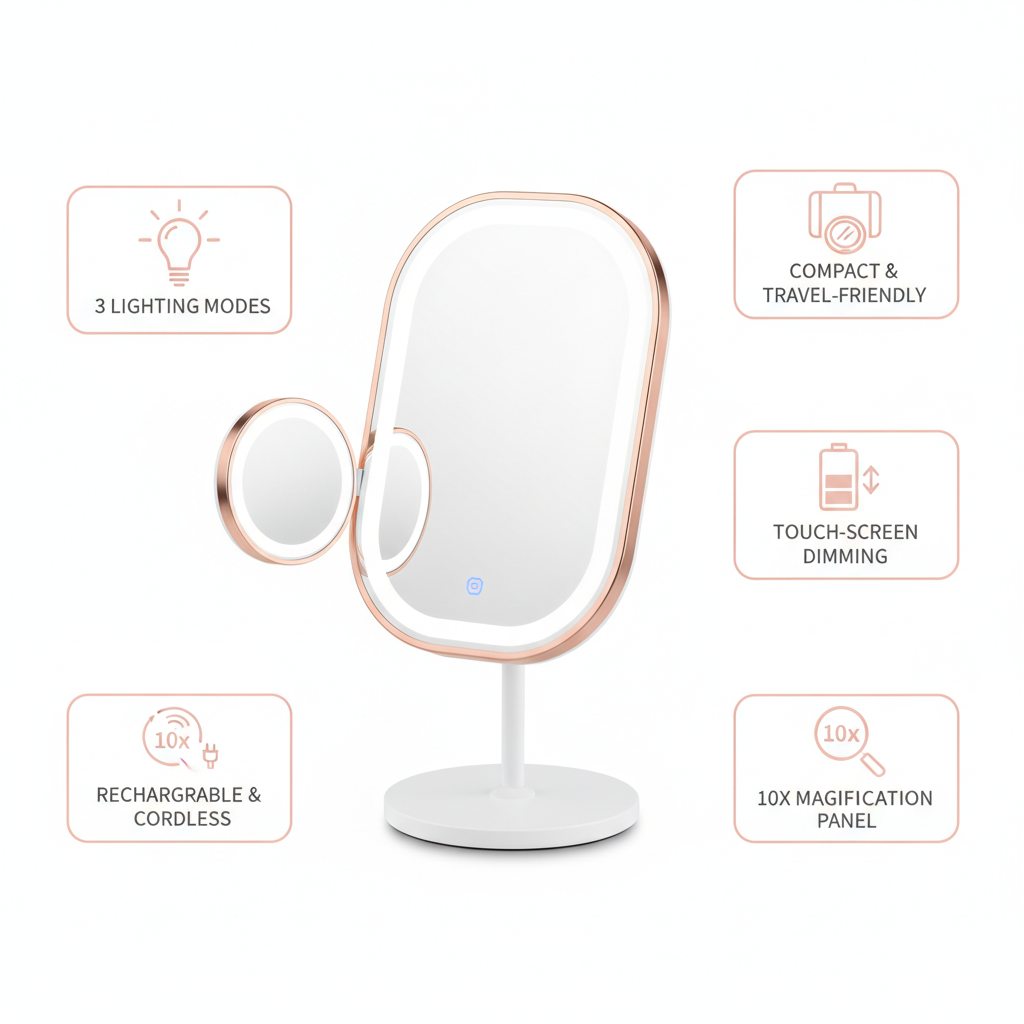 Infographic showing 5 key features of GlowPro LED vanity mirror
