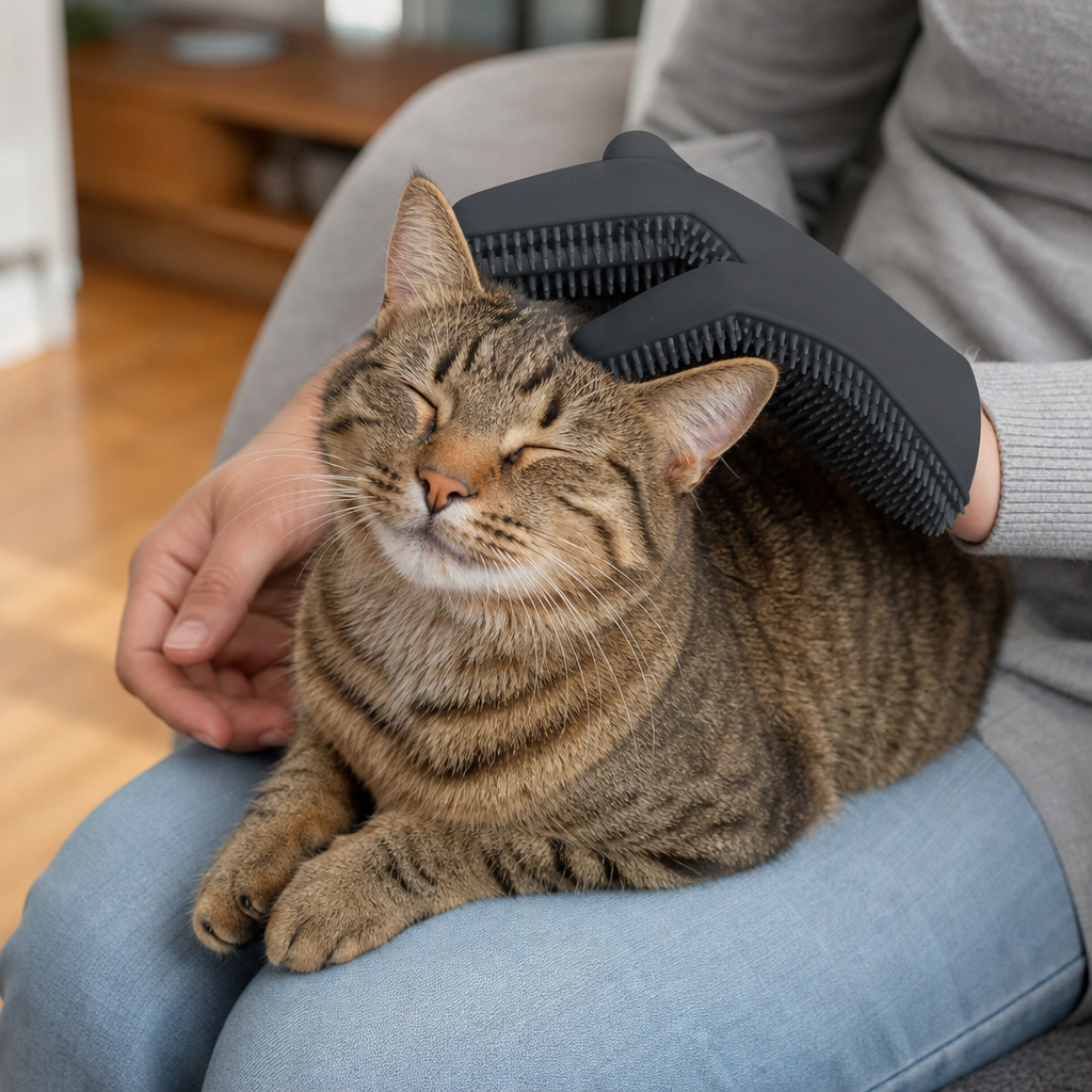 FurFriend grooming glove - tabby cat being groomed