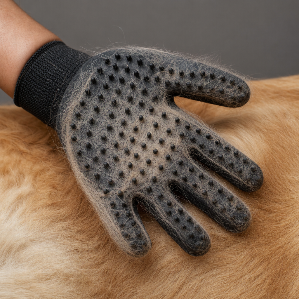 FurFriend grooming glove - close-up silicone tips with captured hair