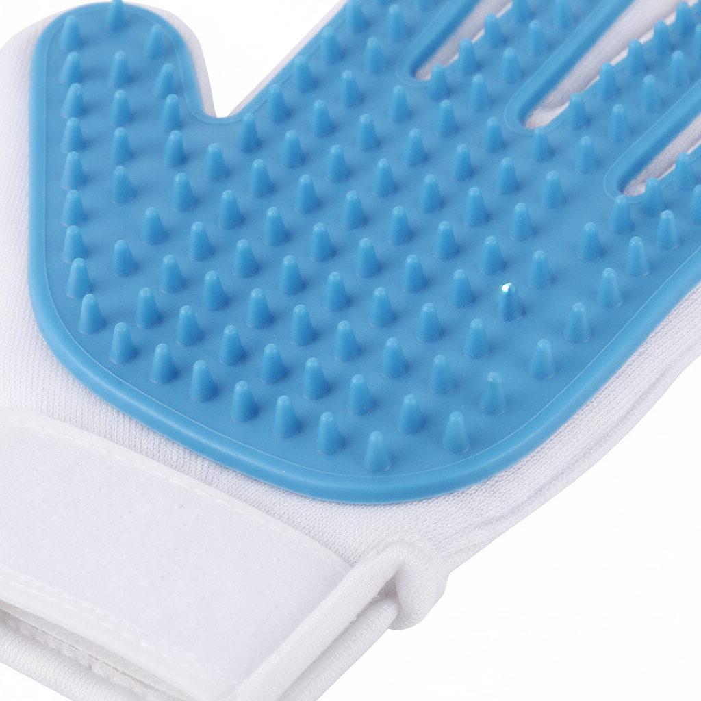 Close-up of silicone rubber tips on pet grooming glove
