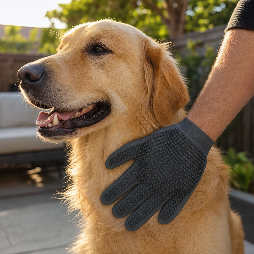 FurFriend grooming glove - golden retriever being groomed