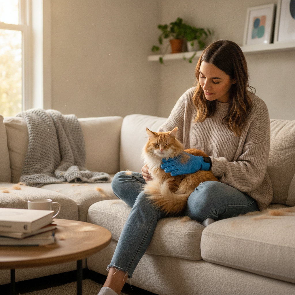 Woman using pet grooming glove on relaxed cat at home