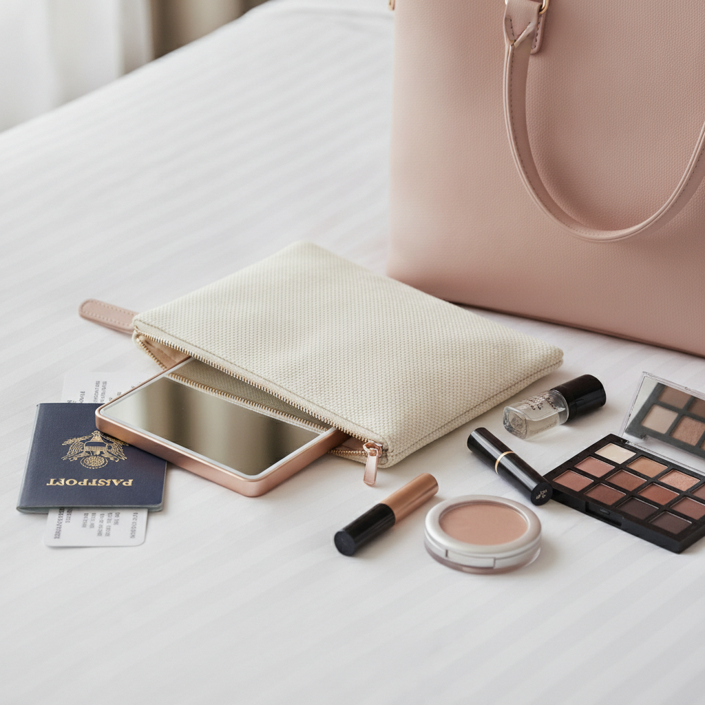 Portable LED vanity mirror packed with travel cosmetics for travel