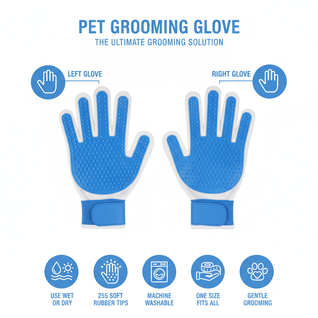 Infographic showing 5 key features of pet grooming glove
